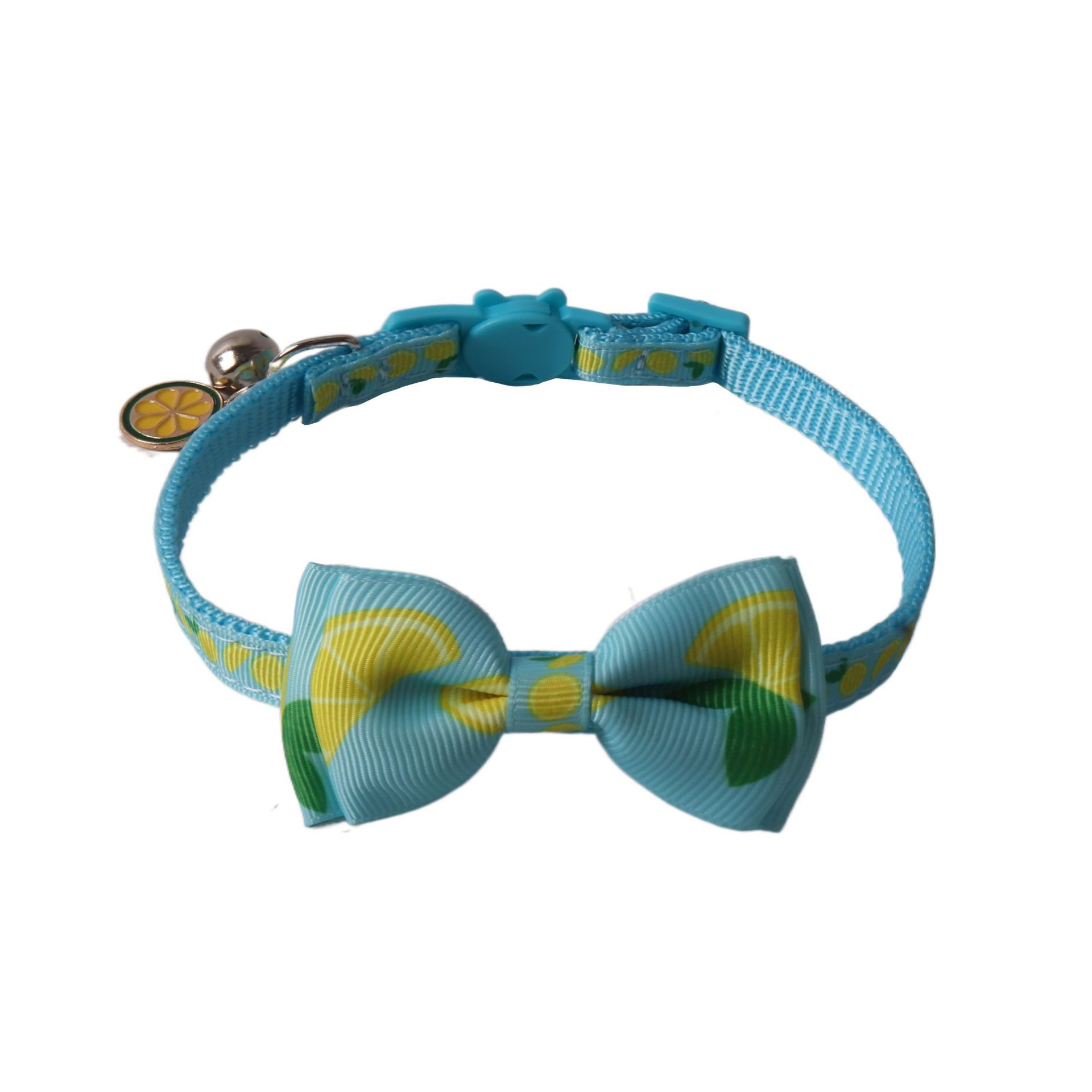 Cat Collar with Bow Tie and Bell for Male Female Cats,Soft Nylon Breakaway Kitty Kitten Collar with Fruit Blueberries and Lemon Patterned Design for B