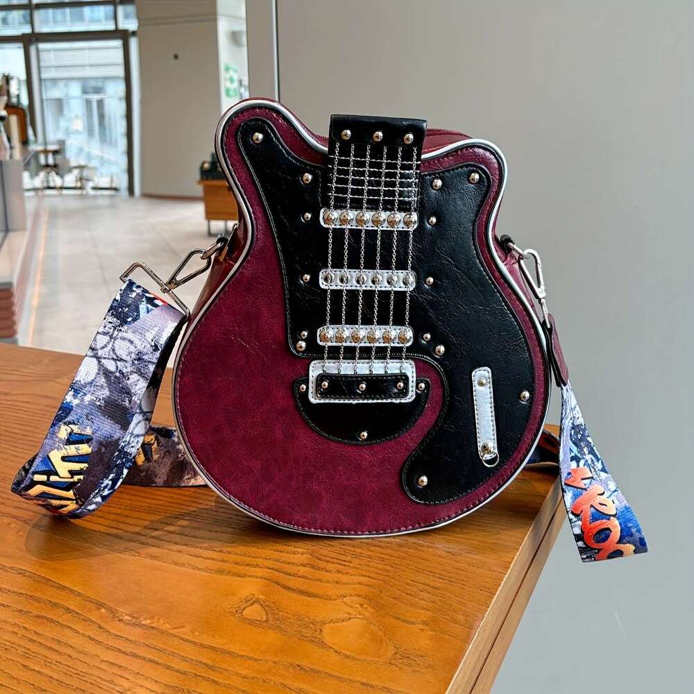 2024 Niche Guitar Shaped Y2K Style Novelty Crossbody Bag, Rivets Decor Trendy Shoulder Bag