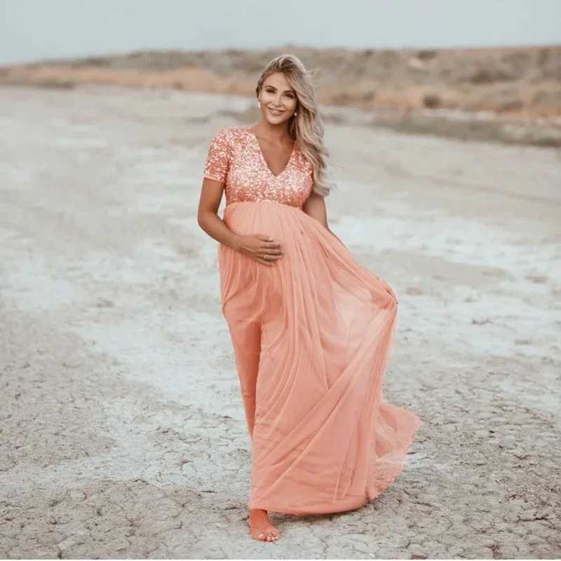 Cotton Sequins Tulle Ball Gown Maternity Dresses For Photo Shoot Long Maternity Photography Props Dresses For Pregnant WomenT250311