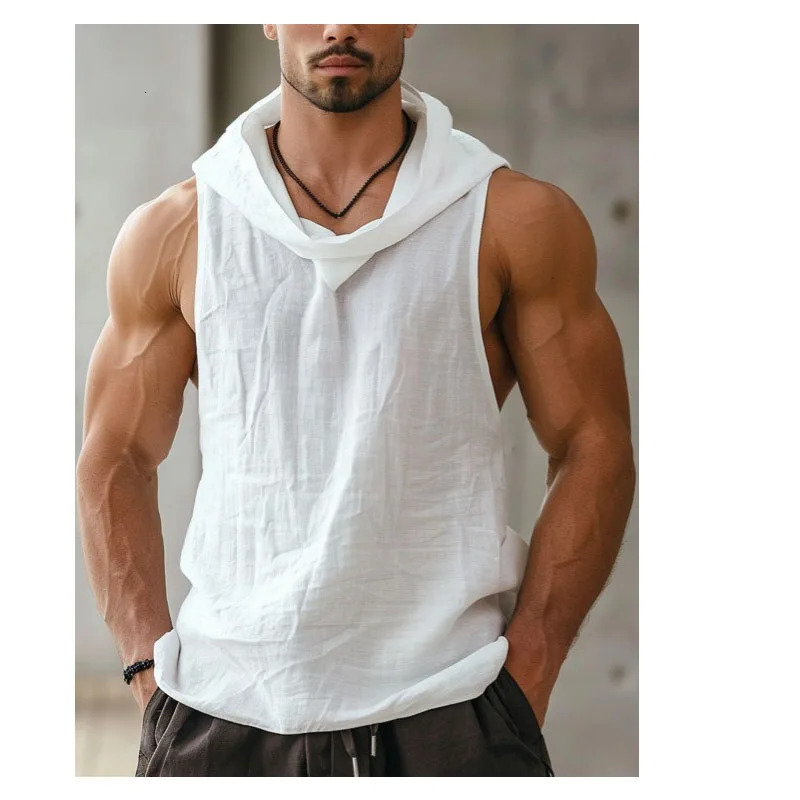 Summer cotton and linen mens sleeveless T-shirt retro casual mens sleeveless sportswear sleeveless T-shirt mens vest 250311