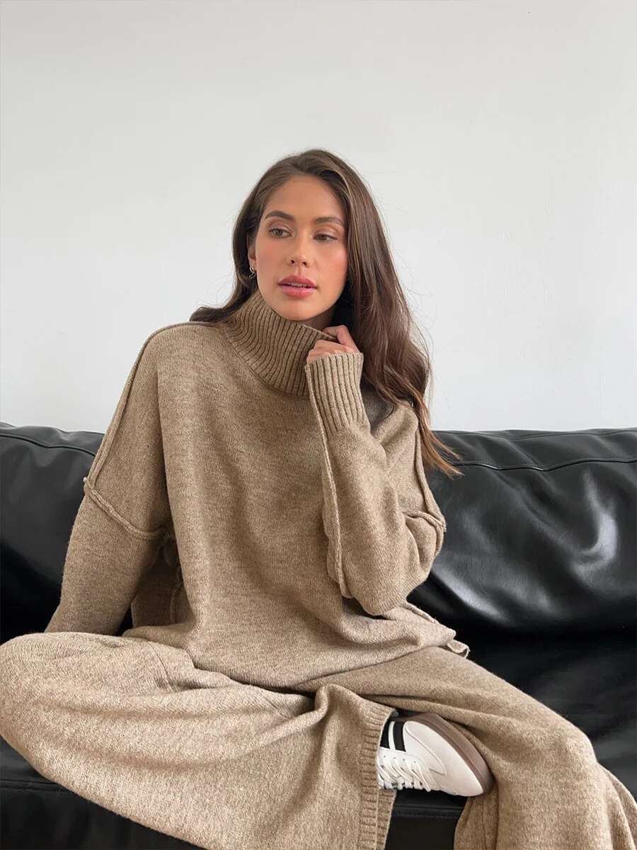 Turtleneck Sweater Knit Suit Women's Autumn spring New Loose Casual Lazy Knitted Pullover Top+ Long Pants 2 Pieces Set Outfits