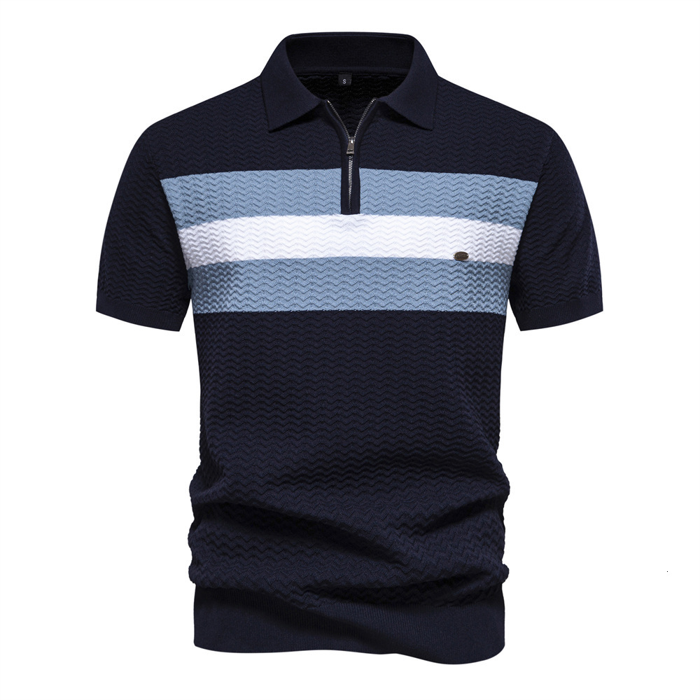 tracksuit 2025 summer new high-end striped business thin and versatile men's lapel half zipper short sleeved t shirt