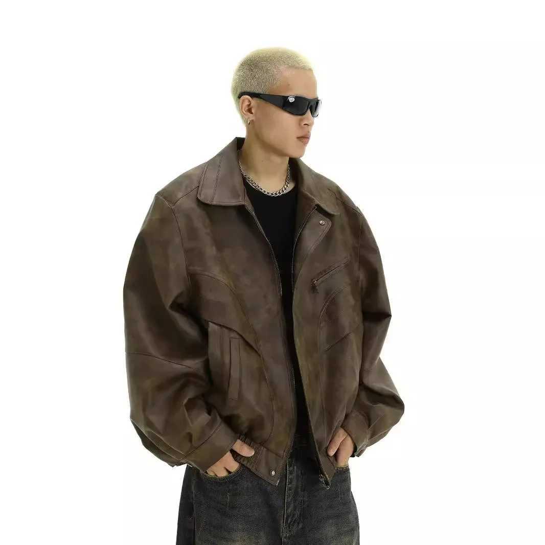 Vintage Distressed Leather Jacket Mens Loose Fit Casual Motorcycle Flying Jacket Autumn Trendy Brand Bad Boy StyleT250311