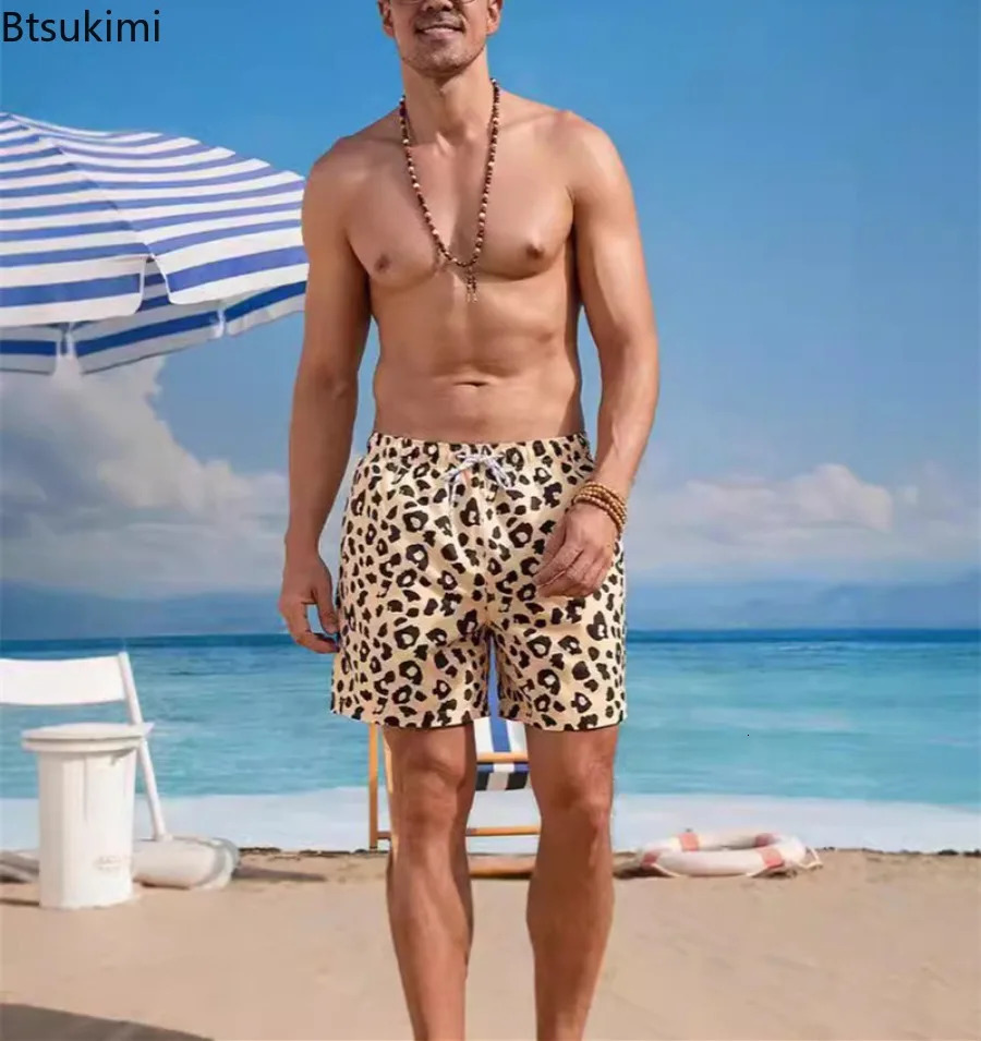 Summer Leopard Print Beach Shorts for Men Loose Casual Pocket Drawstring Beach Sport Pants Men Quick-Drying Washable Swim Briefs 250310