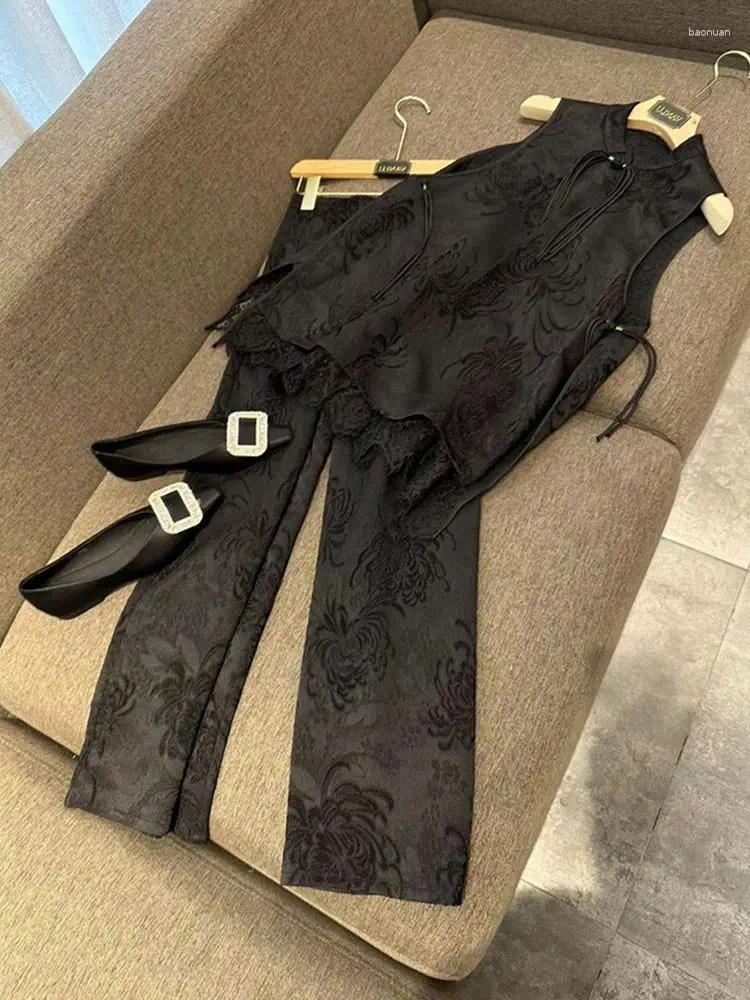 Womens Tracksuits Fashion High End Chinese Style Women Clothing Pan Button Shirt Vest Wide Leg Pants Set Summer Two Piece Outfits