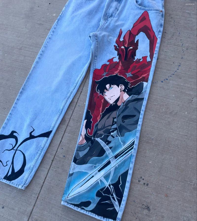 Men's Jeans Harajuku Anime Print Trouser Y2k For Men Baggy Jean Solo Leveling Streetwear Wide Leg Women High Waist Pants