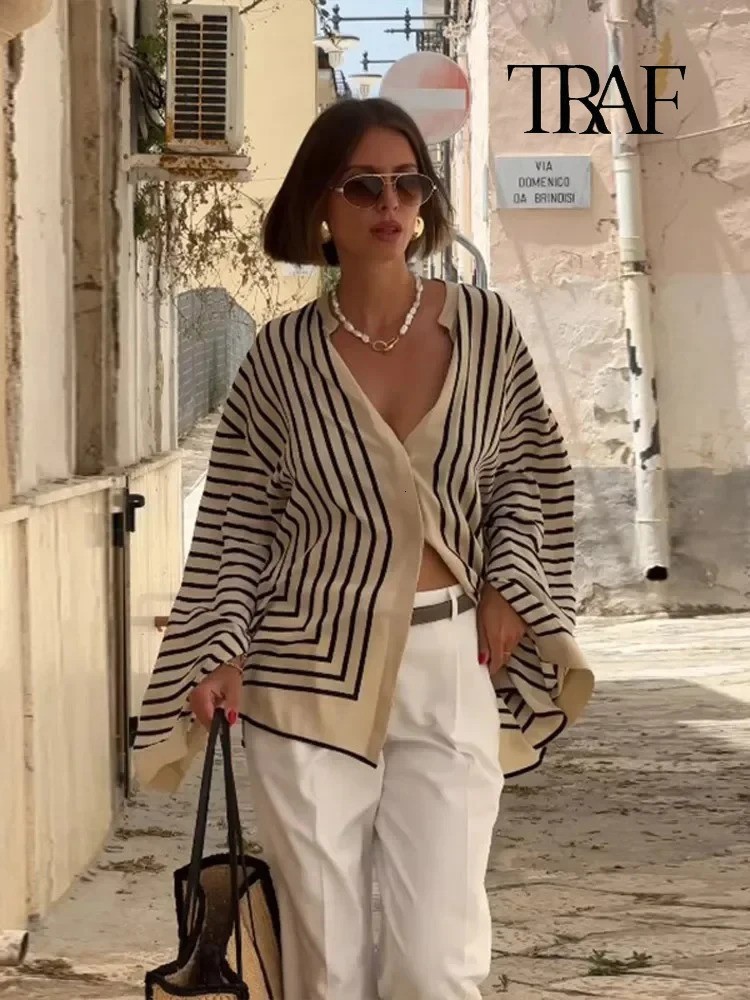 TRAF Womens Casual Striped Printed Satin Silk Shirt Fashion Long Sleeve Lapel Single Ribbon Top Elegant Loose 250311