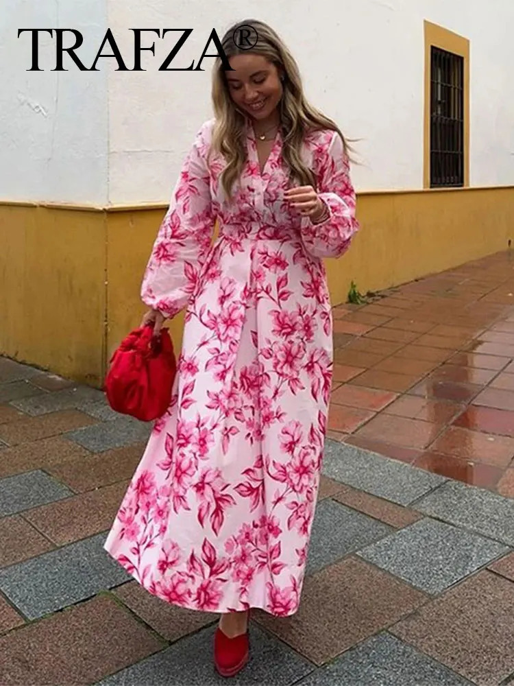 TRAFZA Women Pink Floral Print Skirt High Waist Slim Back Zipper Midi Skirts Elegant Woman Fashion Street ALine 250311