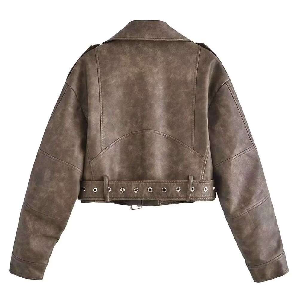 2023 Autumn New Y2k Style Women's Clothing French Washed Gradient Imitation Leather Jacket For Women