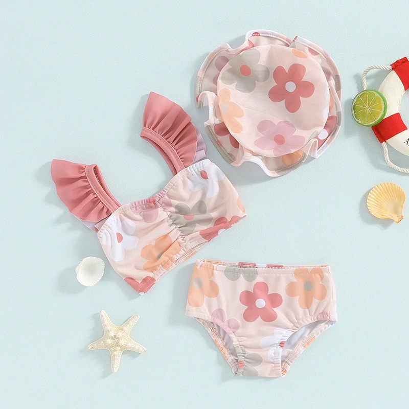 0-4Y Toddler Girls Swimsuits Floral Print Fly Sleeve Bathing Suits with Cap Kids Swimwear Baby Bikini Sets Kids Beachwear 250311