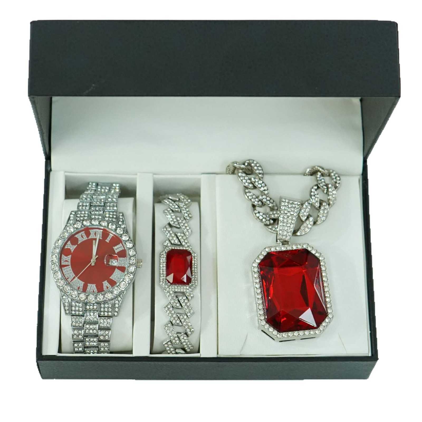 TMEU hot selling red alloy pendant bracelet necklace watch 5-piece set mens high-end gift box jewelry W250312