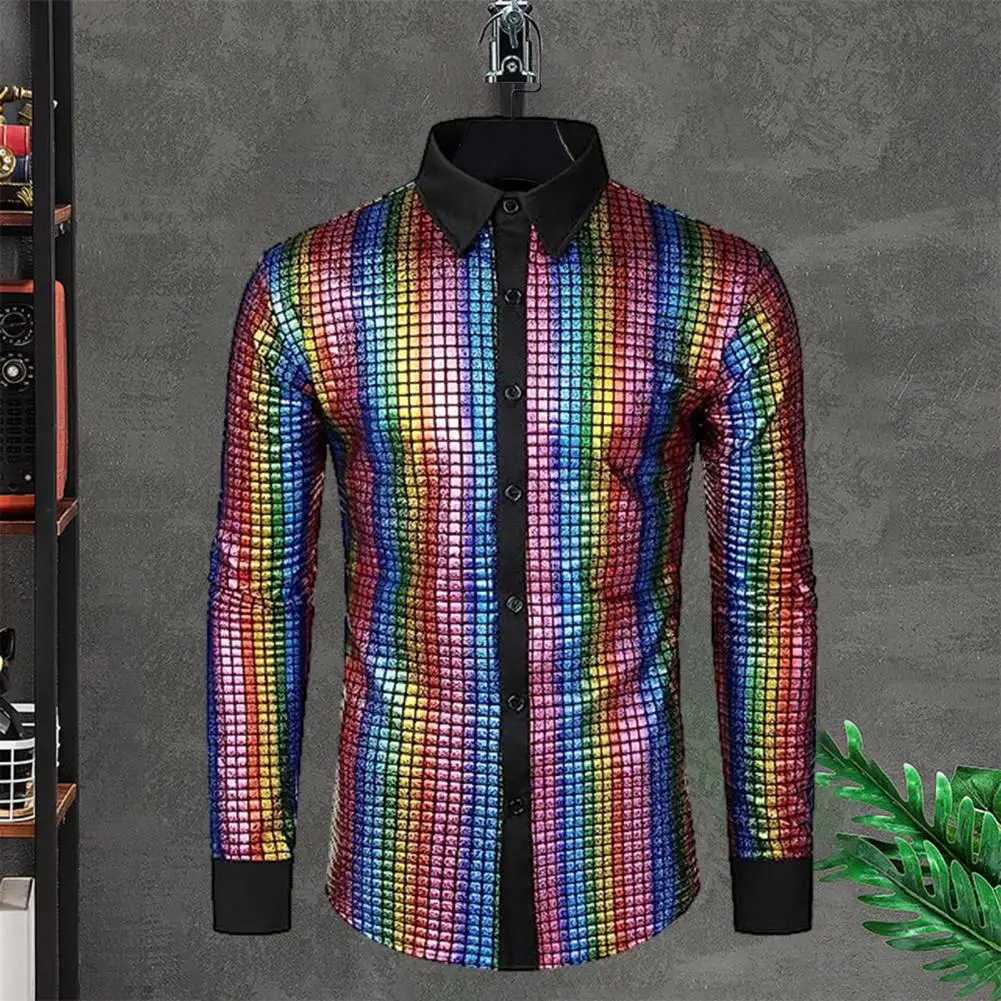 Club dance mens shirt mens disco shirt sequined stand up collar mens club dance stage performance shirt shiny smooth long sleeved W250312