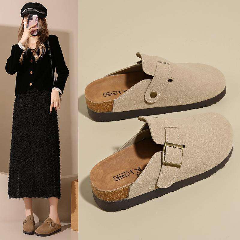 Thick soled for women in spring autumn of 2025, with one foot a small lazy person, wearing half slippers and cork Boken shoes on the outside
