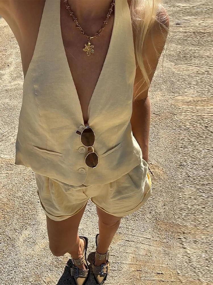 Womens Tracksuits Women Halter Vest Short Suit Lemon-yellow V-neck Single Breasted Sleeve Tops Loose Waist Pockets Sets Female Lady