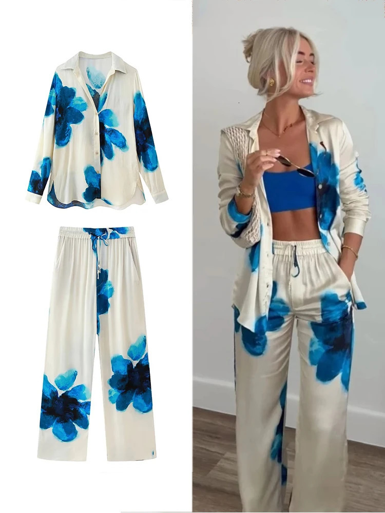 TRAFZA Womens Retro Printed Satin Set Loose Collar Single Button Shirt Casual High Waist Wide Leg Pants 250311