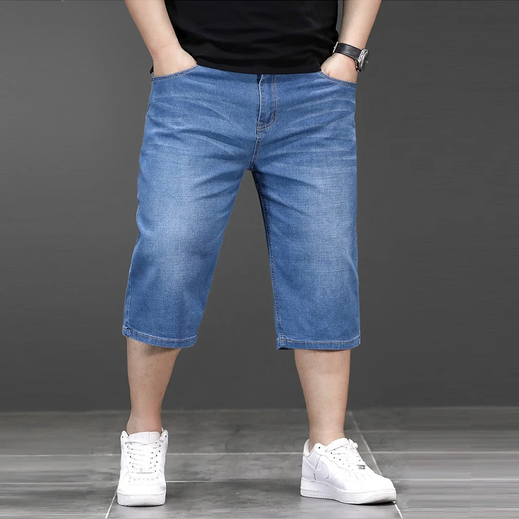 Big Size Long Length Mens Shorts Loose Stretch Jean Bermuda Male Thin 3/4 Capris Summer Light Large Plus Fat Denim Breeches 250310