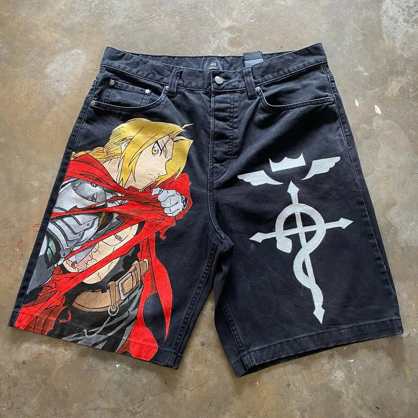 Japanese cartoon anime character graphic printing hip-hop denim shorts Y2k Harajuku retro straight waist street mens and womens shorts 250310