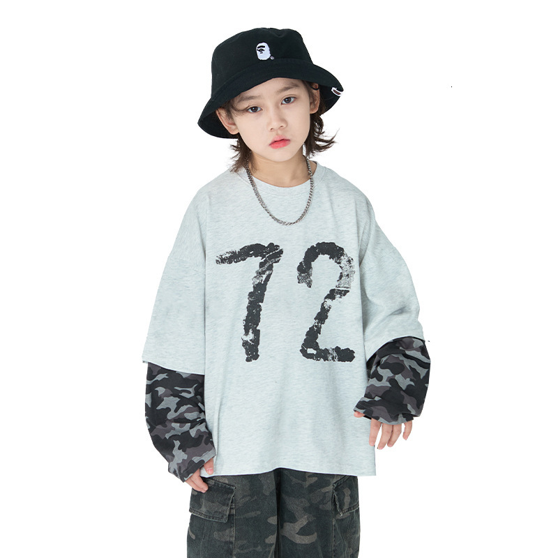 Ddmyshoesvip Spring New Korean Edition Boys Long Sleeved T Shirt Versatile Fake Two Piece Camouflage Sleeve Base Shirt Children S Top Trendy