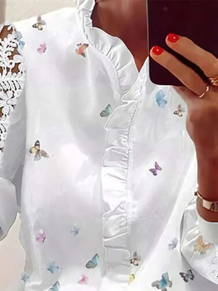 Women's Shirts Fashion Elegant Long Sleeve Butterfly Print Office Lady Top White Women Ruffled Hollow Out Blouse Female Clothing