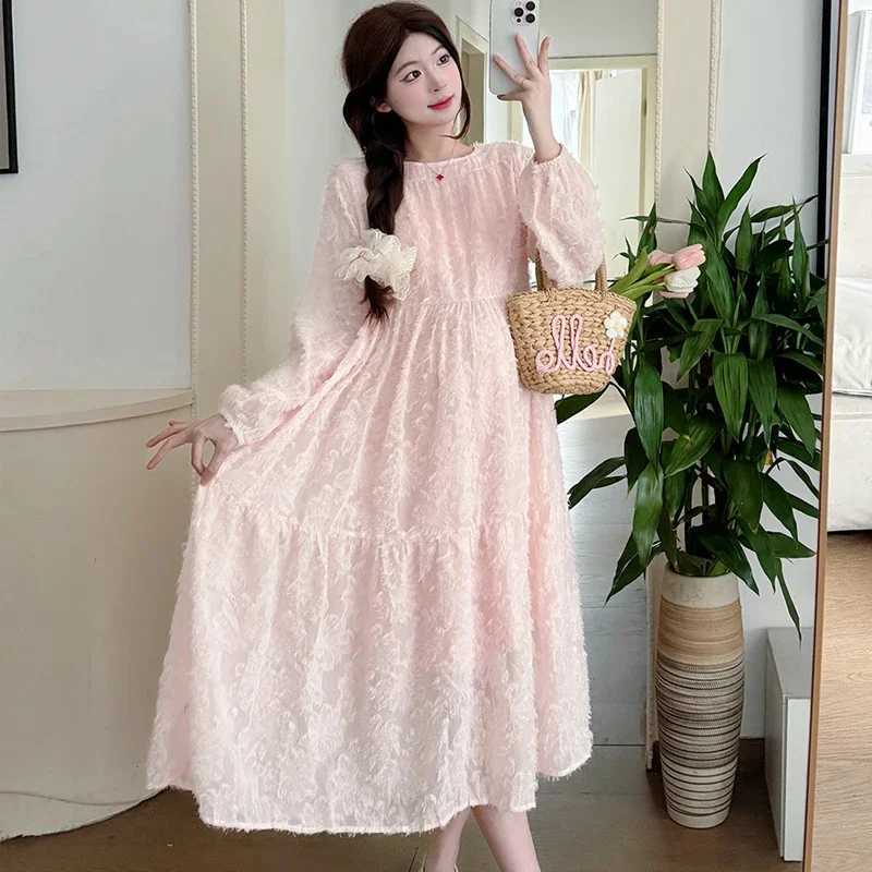 2025 Spring Maternity Chiffon Dress Long Lantern Sleeve O-neck Fashion Pregnant Woman Beach Dress Plus Size Pregnancy ClothesT250311