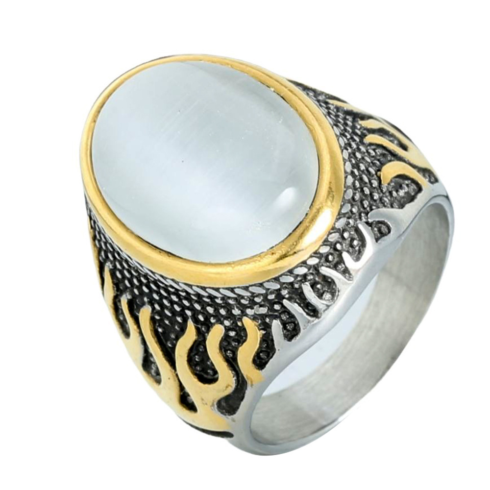 Hip Hop Vintage Big Stone Inlay Casting Ring Stainless Steel Gold Plated Mens Jewelry