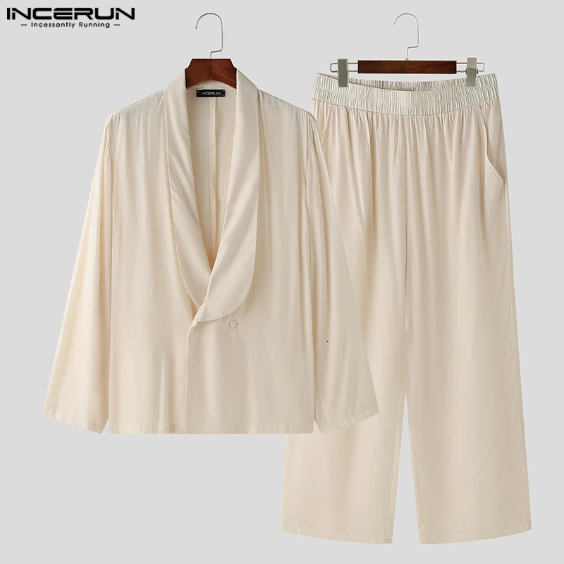 INCERUN Men Solid Color Pant Sets Csual 2PCS outfits Long Sleeve Tops Elastic Waist Pocket Pant Suits Sexy Elegant Loose Suits 250310