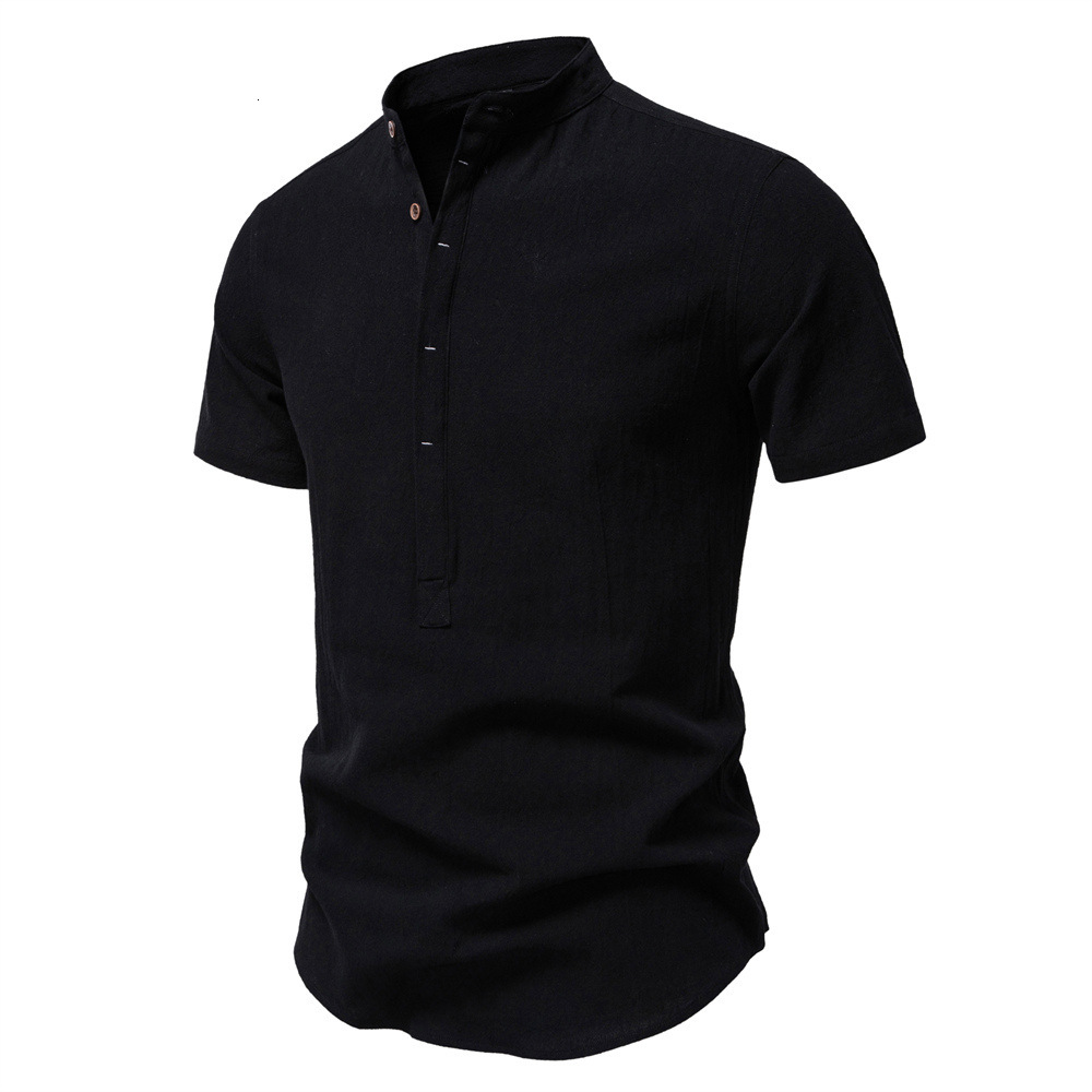 2025 summer new business casual men's short sleeved linen stand collar cotton t shirt tracksuit
