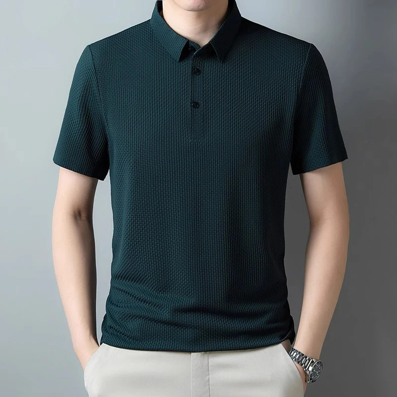 Mens thin polo shirt business casual Tshirt hollow cool breathable summer gray navy bluegreen mens 250312