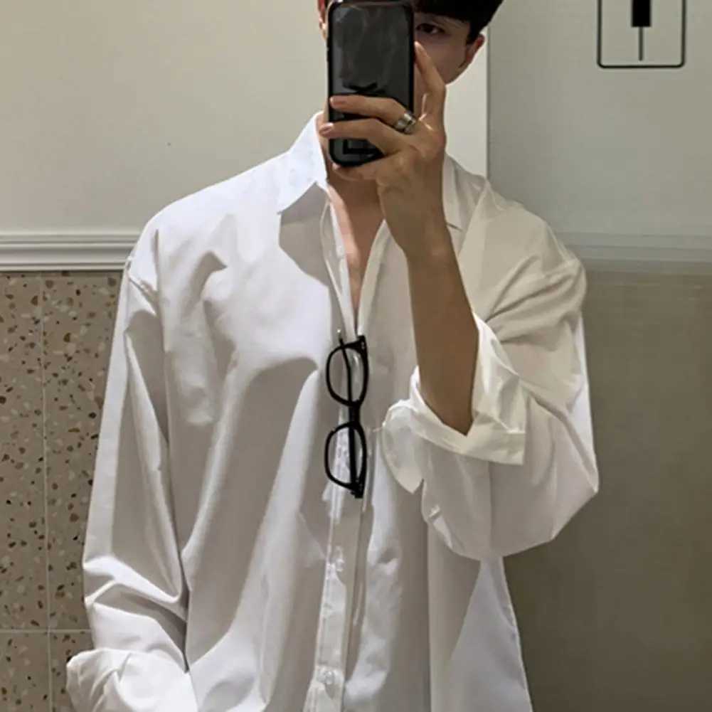 Mens shirt with loose collar single mouth long sleeved formal business solid color breathable mens mid length shirt W250312