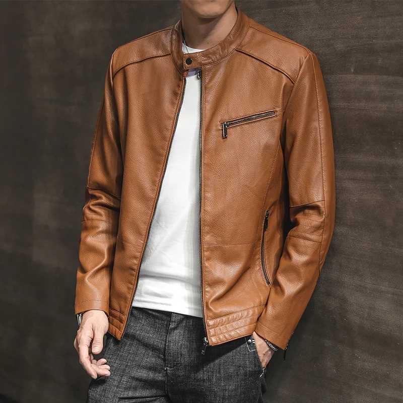 Trend Trends Motorcycles Leather Coats Stand Collar Moto Biker Vintage Casual Outwear Coat Men Slim Short Design Faux JacketsT250311