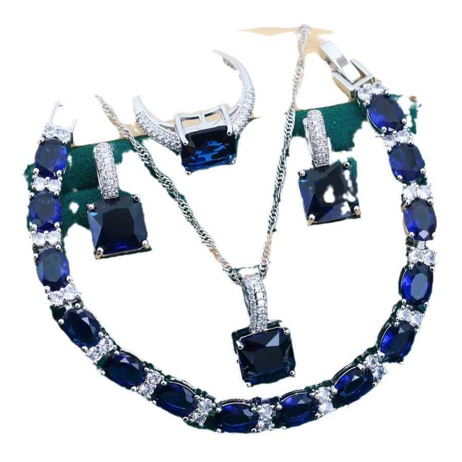 Fashionable and luxurious blue square zircon inlaid jewelry earrings rings bracelets necklaces Mothers Day gifts W250312