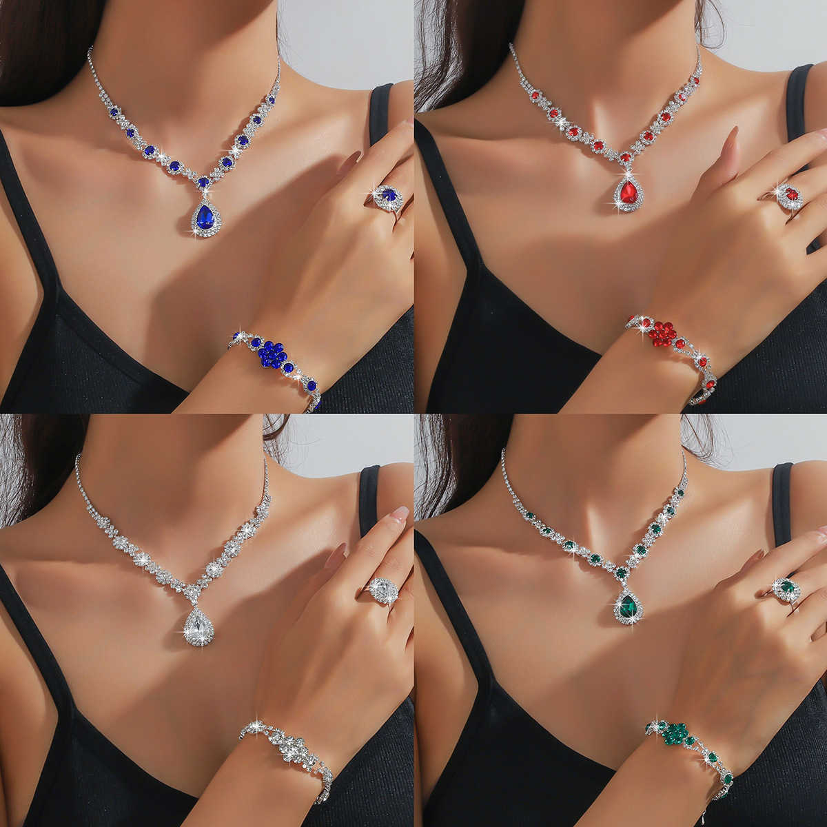 Fashionable green blue and red multicolored rhinestone crystal necklace earrings bracelets rings four piece set W250312