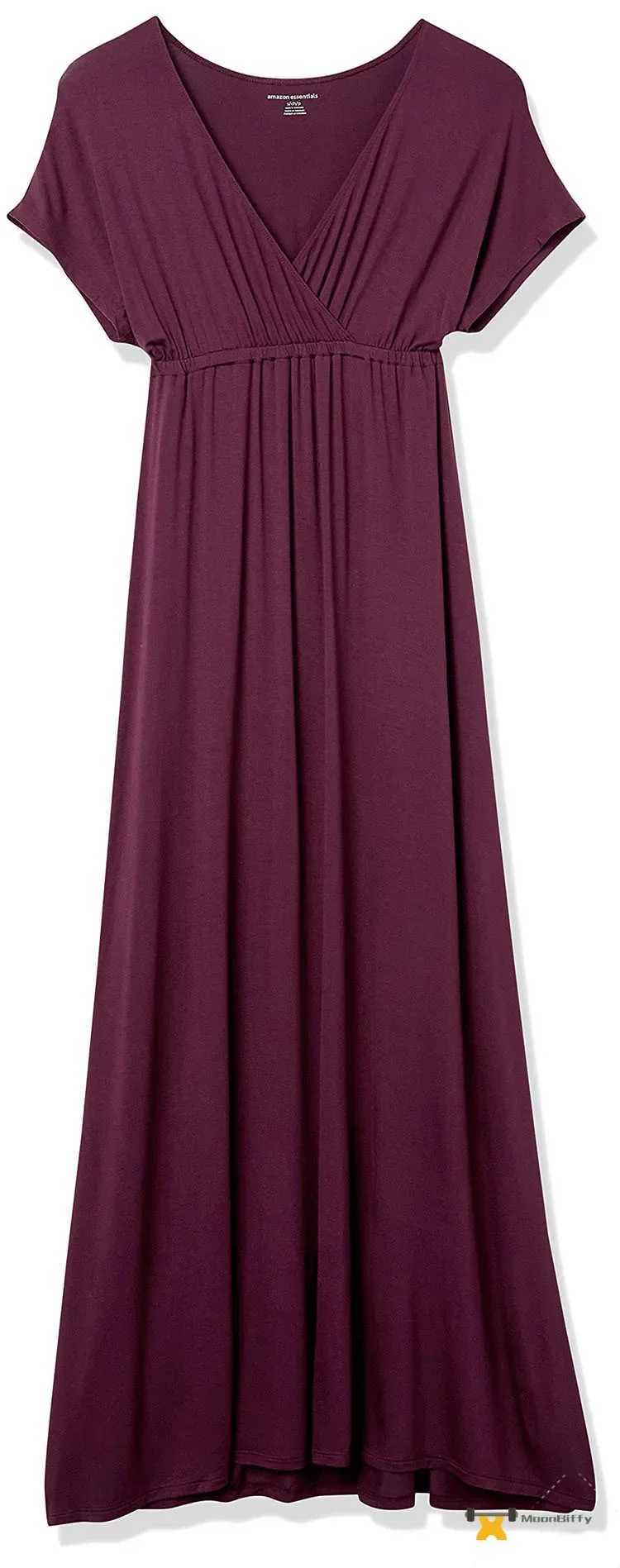 Explosive 2024 Spring Womens Draw-waist Ultra-long Casual Commuter V-neck Short-sleeved DressT250311