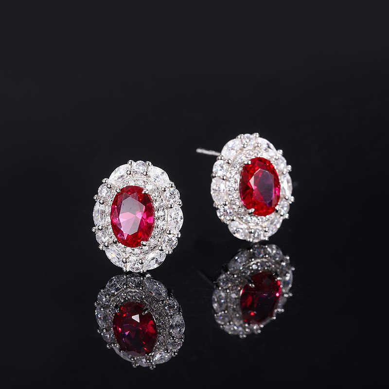 2024 New Zhuangsheng Copper Bottom Gold Plated Simulation Pigeon Blood Red Corundum Elliptical Minimalist Style Set for Women 6 * 8 W250312