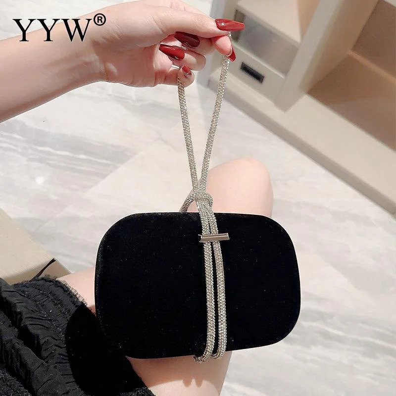 Elegant Evening Clutch Bag Box Bag Black Velvet With Chain Rhinestone Handbags Female Clutches Party Wedding Bag Crossbody Bags 250311