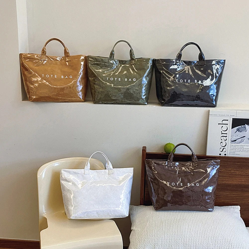 PVC Top Handle Bag for Women Fashionable Tote Bag Large Capacity Simple Trendy Shopping Bag Kraft Paper Handbag Satchel Purse 250305