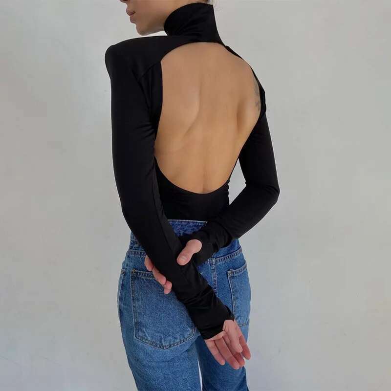 Women's Turtle Neck Bodysuit Sexy Backless Long Sleeve Basic Body Suit Y2k Going Out Night Club Party Skinny Leotard Tops