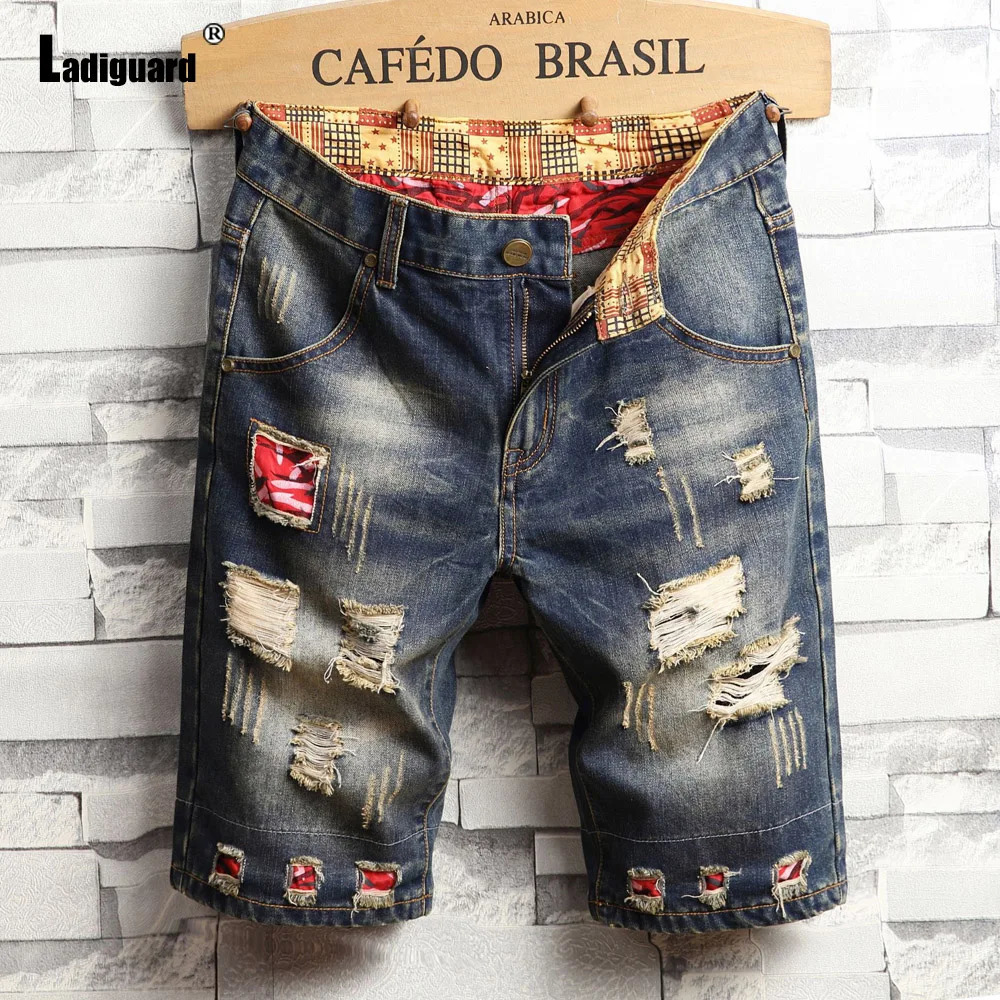 Ladiguard Men Vintage Street Demin Shorts Spring Autumn Fashion Ripped Plus Size Mens Stand Pocket Short Jeans 250312