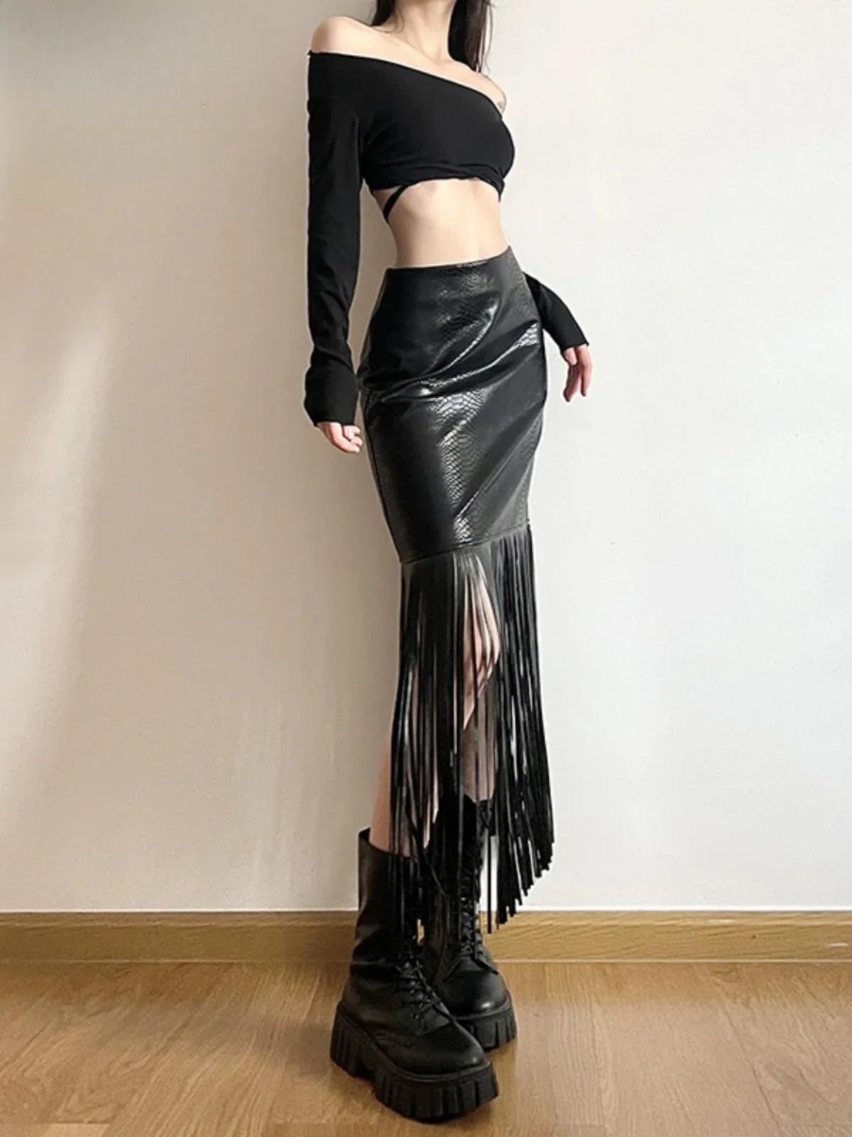 American Hot Girl Fringed Splicing Midi Leather Skirt 2024 Winter New Streetwear High Waist Slim Hip-Wrapped PU Skirts Female