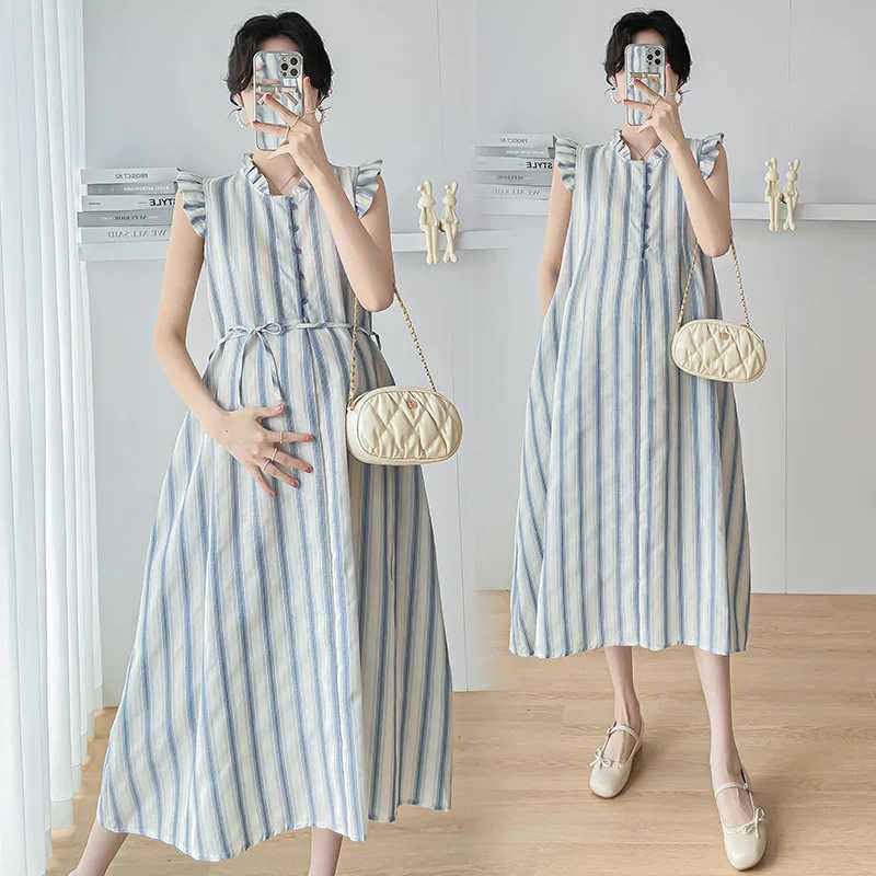 Pregnant Womens Dress Summer Drawstring O-neck Short Sleeved Printing Maternity Beach Dresses for HolidayT250311