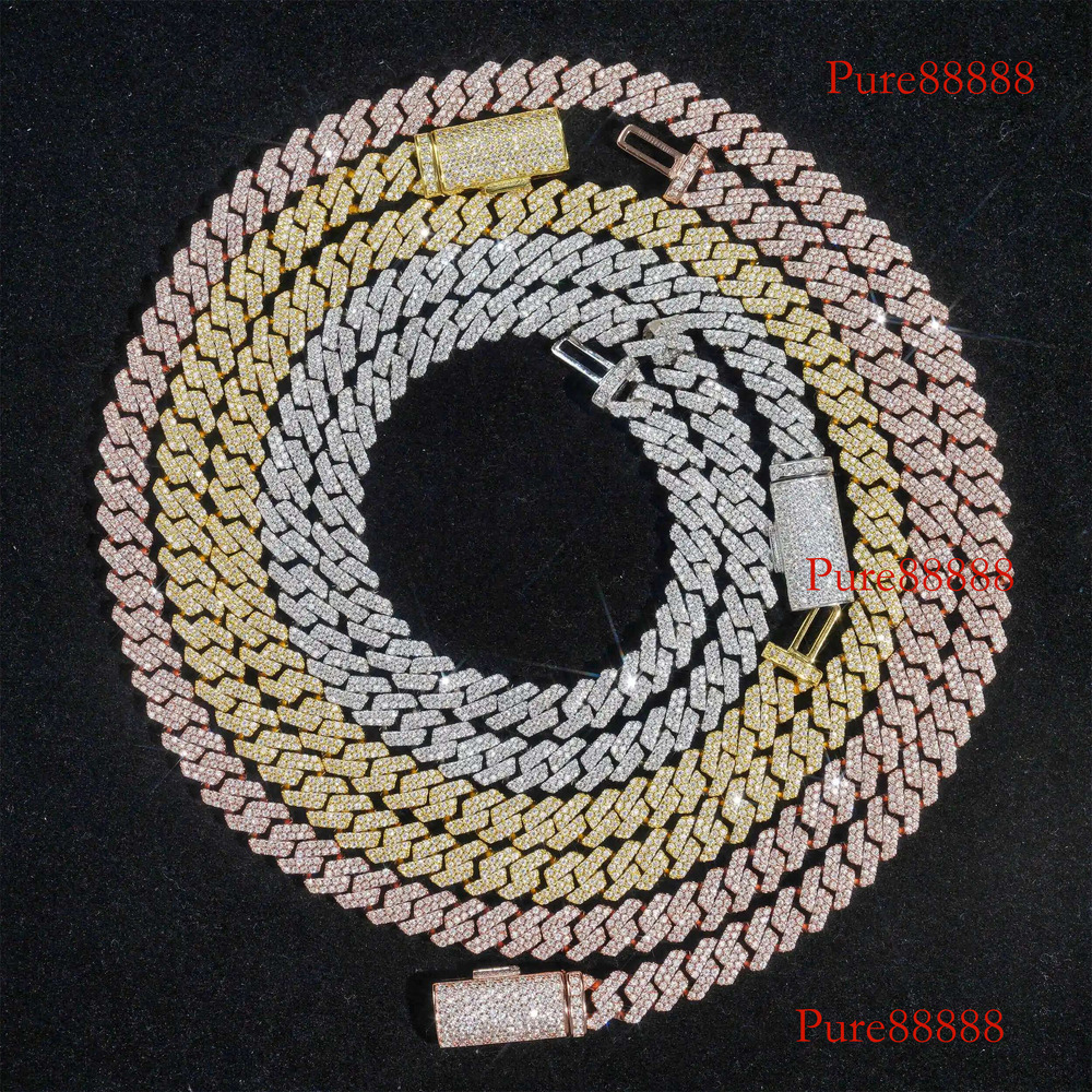 Fashionable Loose Stone S Sier Dia Cuban Chain Necklace 8mm Double Row Full of Moissanite Trendy Brand Acces