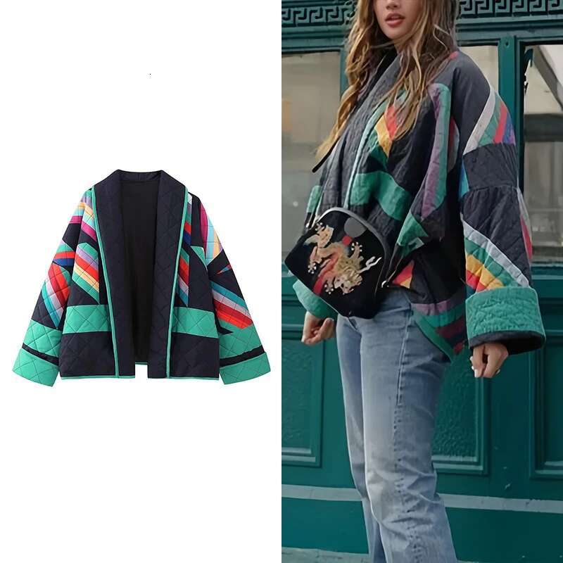 ZBZA Fashion Jacket Color Blocking Long Sleeve Casual Coat Cardigan Tops Warm Cotton Clothing Autumn & Winter Women's