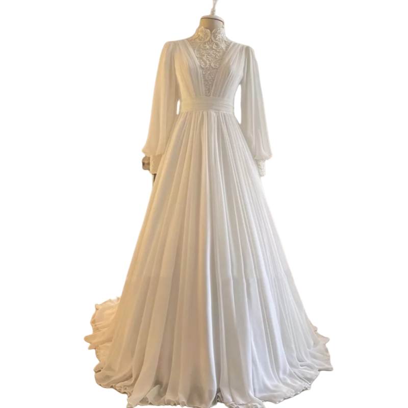 2025 Elegant Muslim Chiffon Wedding Dresses Long Sleeves Pleats A-Line Floor Length Bridal Gown High Collar Lace Appliques Beaded Ivory Formal Dress