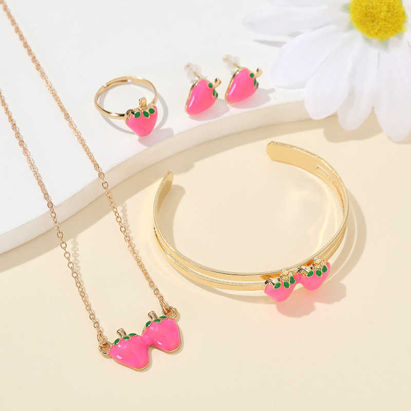 Korean version new jewelry versatile alloy strawberry ring bracelet necklace 4-piece set in multiple colors W250312