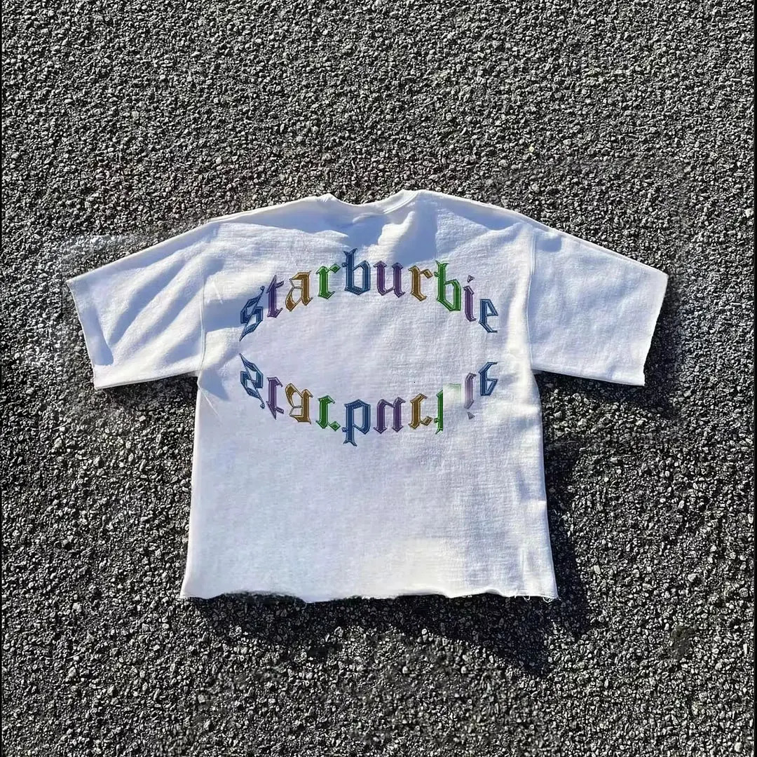 Streetwear punk oversized casual teeth pattern mens Gothic Tshirt Y2K Harajuku hiphop cotton short sleeved top unisex 250312