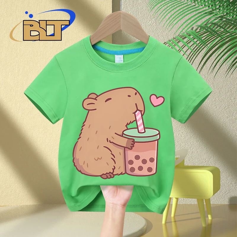 Cute Capybara Loves Bubble Tea print kids T-Shirt summer childrens pure cotton short-sleeved casual tops boys and girls gifts 250311