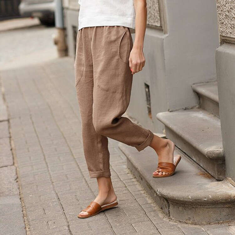 plus size cotton and en casual solid color cropped loose pocket harem pants women's 2025 temperament versatile new trend clothing ins
