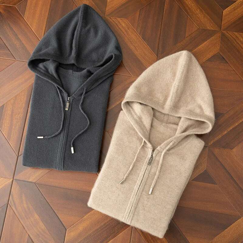 Autumn and winter 100% cashmere hooded zipper pullover thick knitted sweater warm casual outerwear