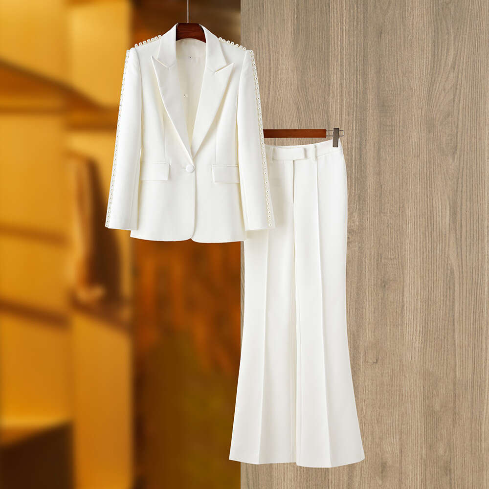 Wind 2023 Spring And Autumn White Mid Length Suit Top Wide Leg Long Pants Fashion Two Piece Style Set