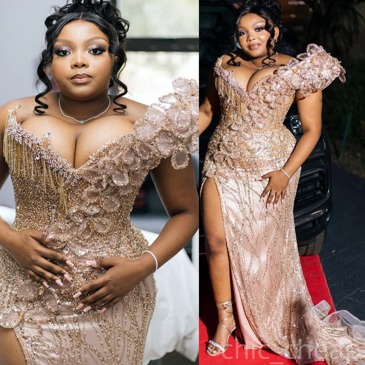 2025 Plus Size Champagne Prom Dresses Mermaid Sweetheart High Split Beaded Crystals Floral Lace Evening Formal Birthday Party Special Occasion Dress G